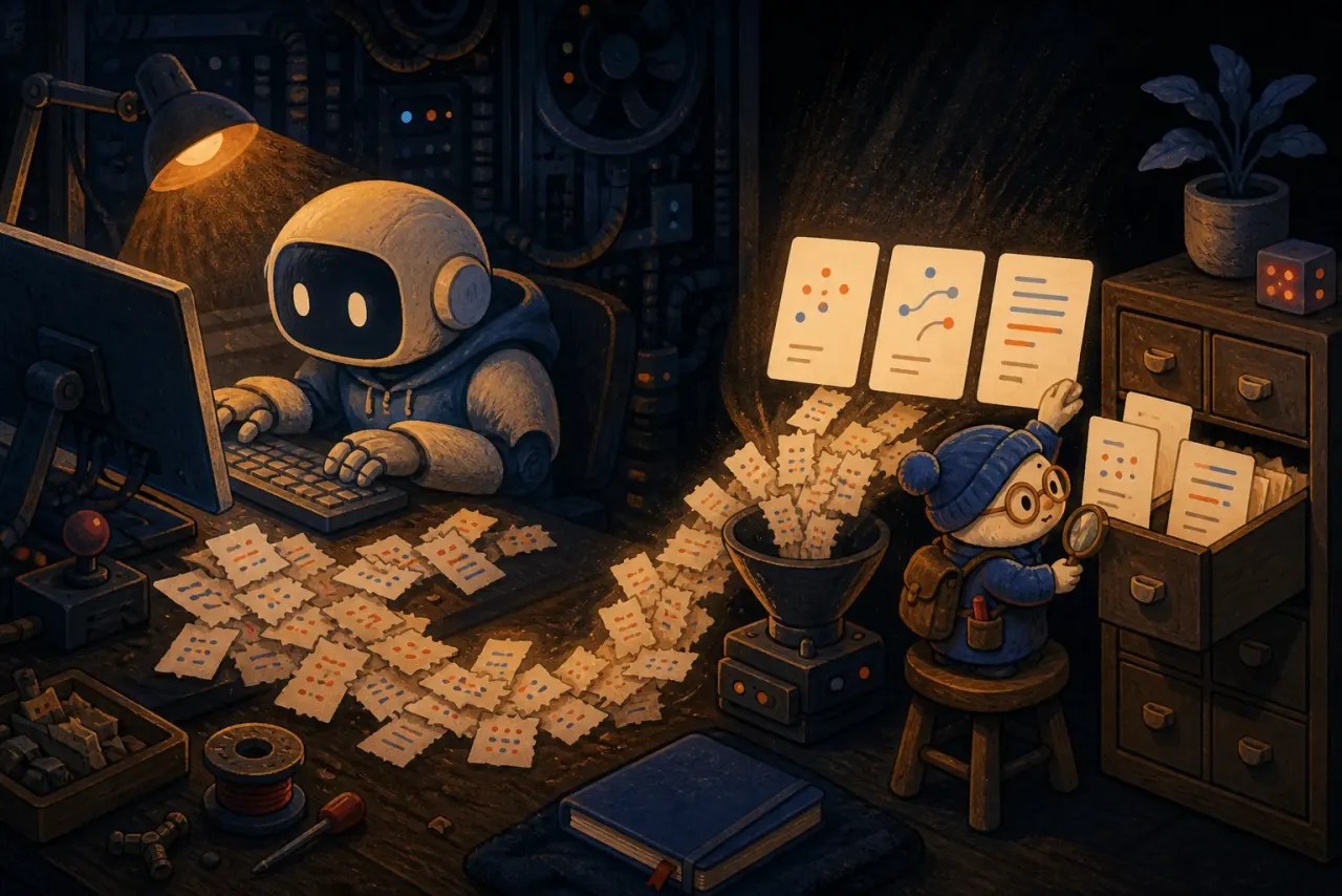 An AI agent works at a bench while a small archivist turns the activity into organized observation cards.